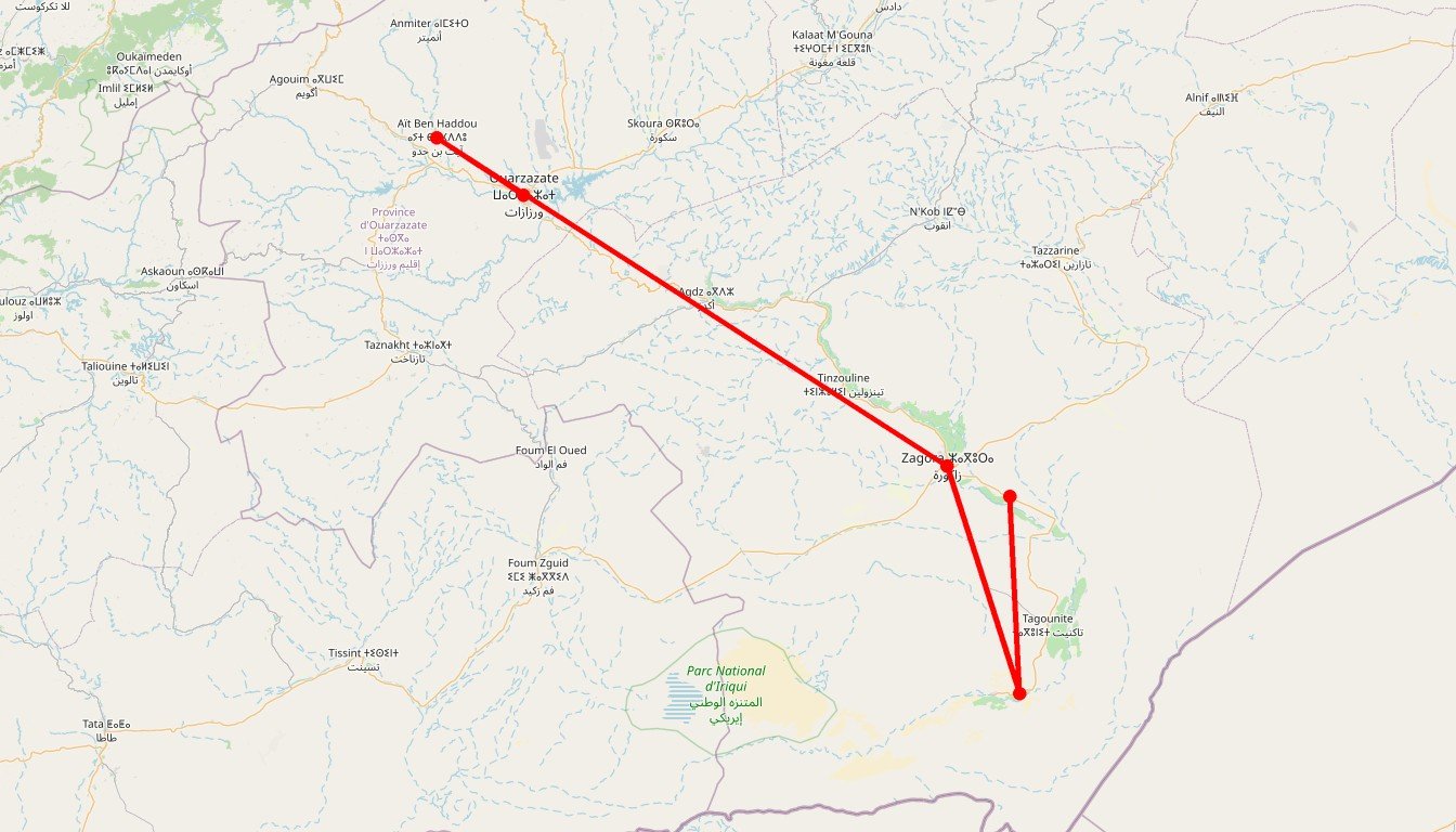 Carte de l'itinéraire du circuit Circuit Petits Pachas au Sahara en Maroc