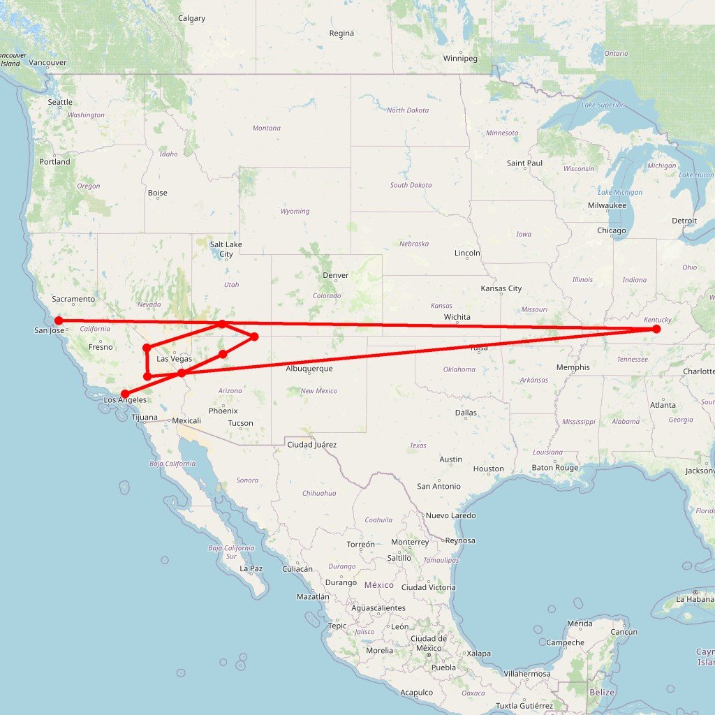 Carte de l'itinéraire du circuit Vous êtes à l'Ouest ! en États-Unis