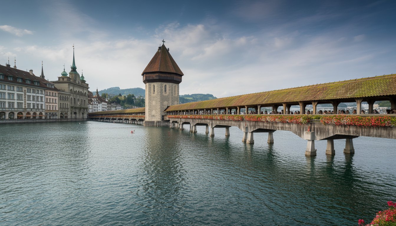 Lucerne et le pont de la Chapelle (Kapellbrücke) en Suisse - Photo